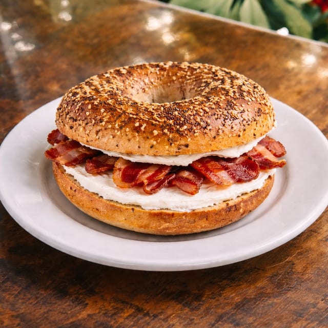 Cream Cheese Everything Bagel with Bacon.